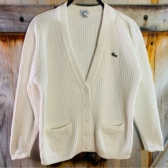 Lacoste Sweaters - Vintage Izod Lacoste White Ribbed Button Down Cardigan with Pockets Medium